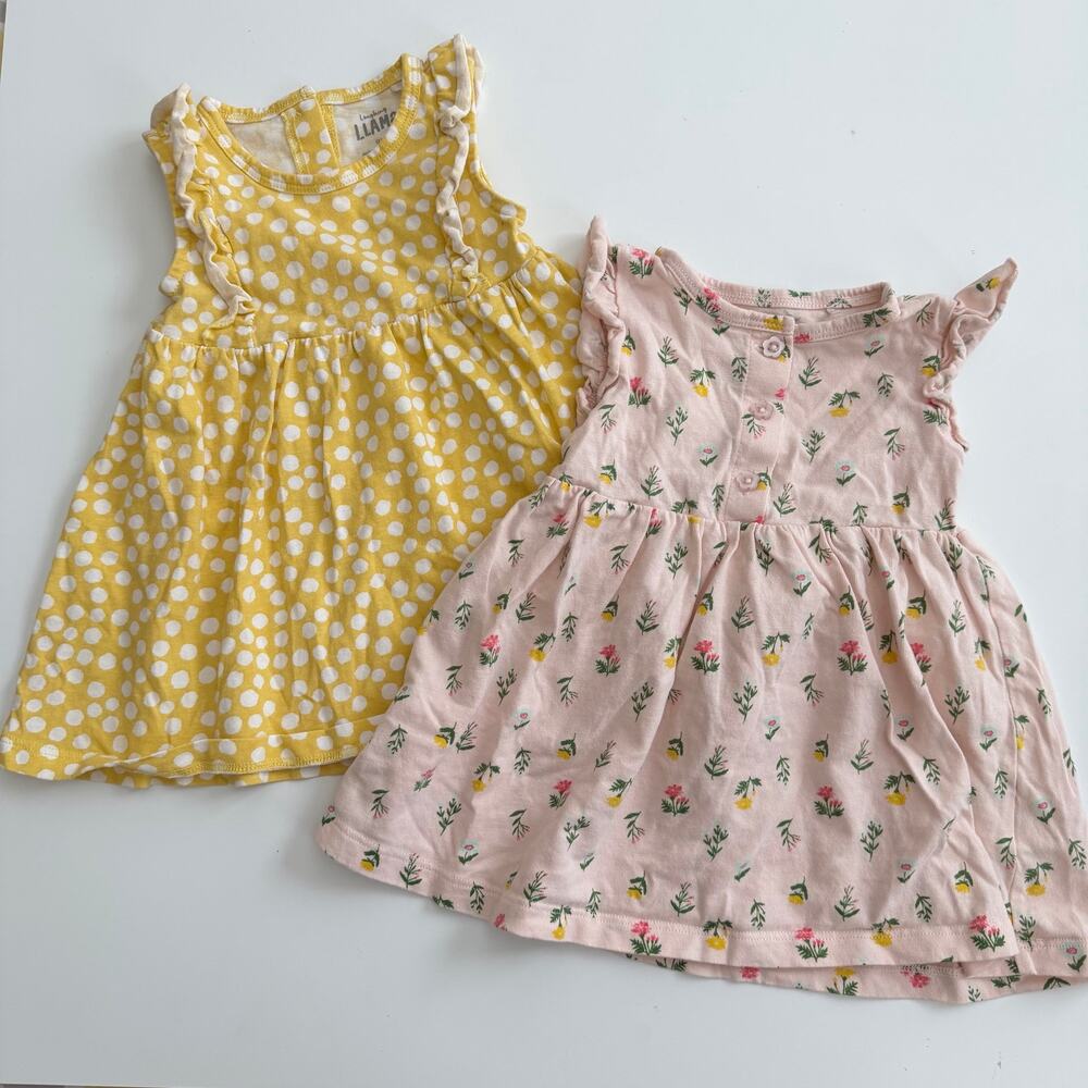 2x Laughing Llama Baby Girl Dresses yellow white polka dot pink floral print